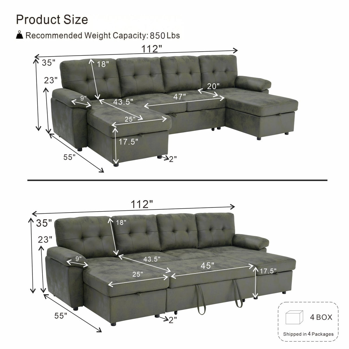 Convertible Sectional Sofa Bed With Pull Out Sleeper And Storage