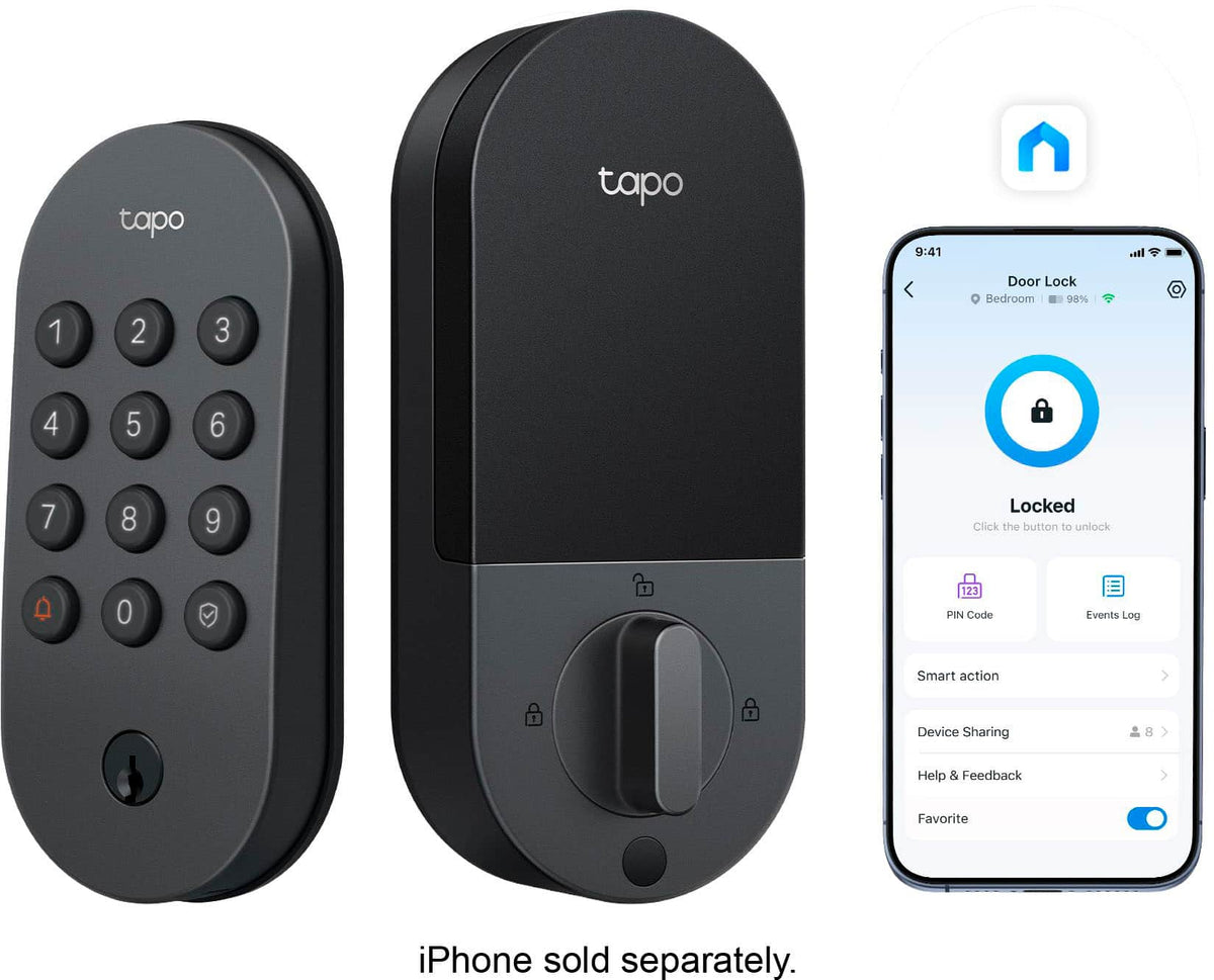 TP-Link - Tapo DL100 Smart Wi-Fi Deadbolt Door Lock – Keyless Tactile Buttons, App-Controlled Custom Access, Fits Standard Doors - Black