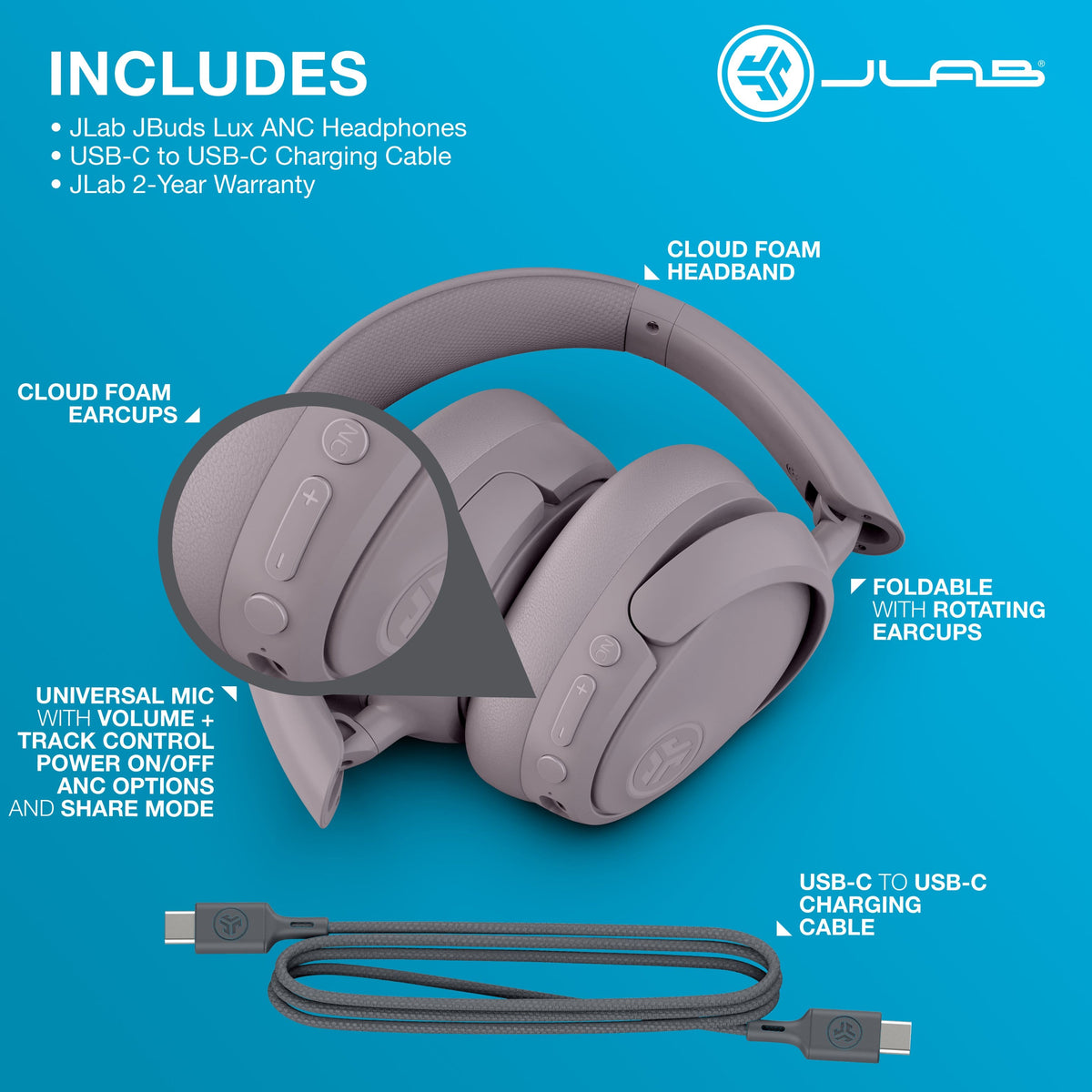 JLab - JBuds Lux ANC Wireless Bluetooth Over-Ear Headphones with Active Noise Cancelling, Spatial Audio & 70+ Hour Battery - Mauve
