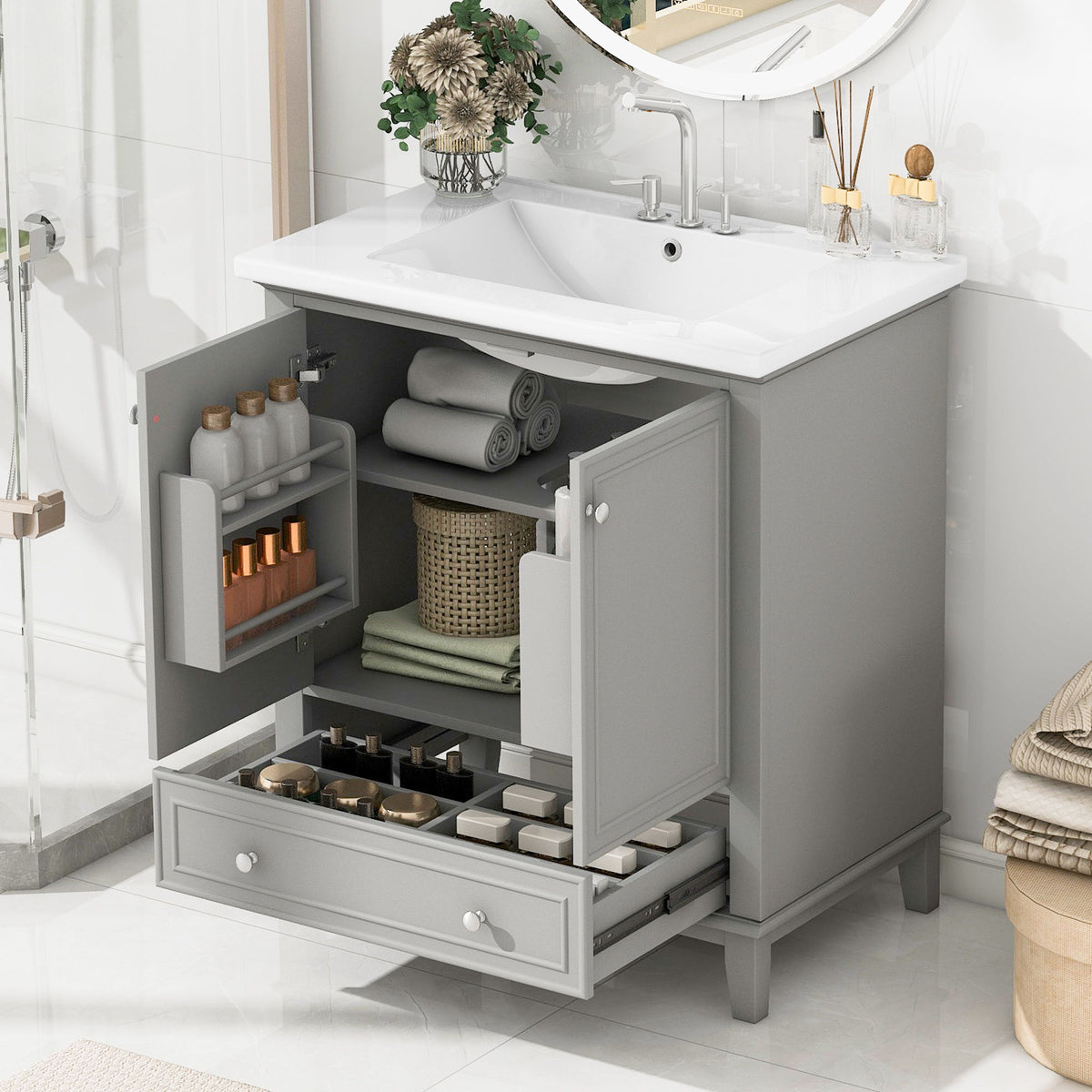 Mueble de baño moderno con lavabo, puertas y cajón