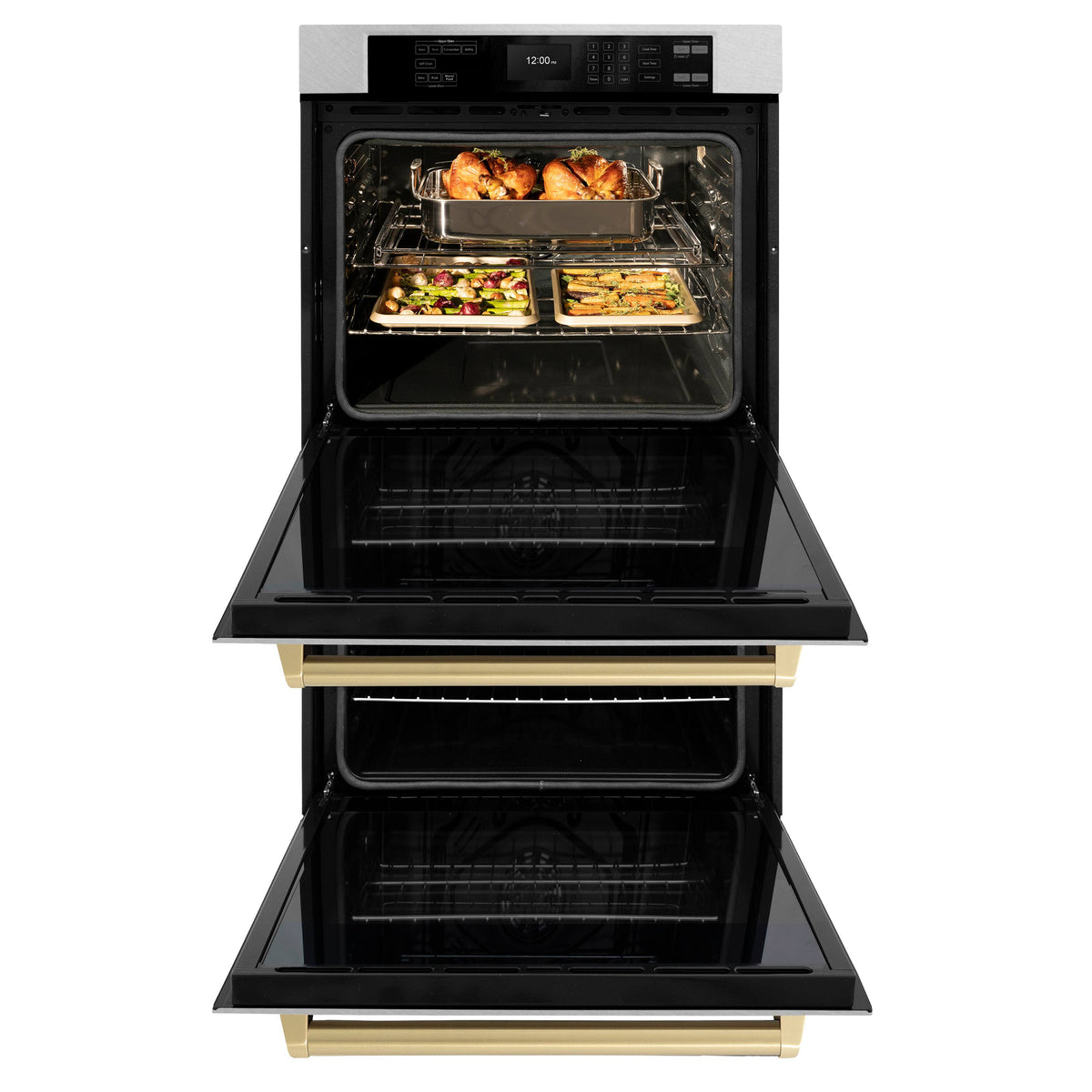 ZLINE - 30 in. Autograph Double Wall Oven w/ Air Fry in Satin Steel and Bronze Handles - Satin Stainless Steel