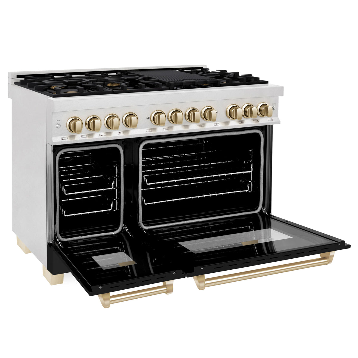 ZLINE - 48 in. Wide 7 Burner Autograph Legacy Dual Fuel Range in Satin Steel w/ Black & Gold Accents (RASZ-BLM-48-G) - Black Matte