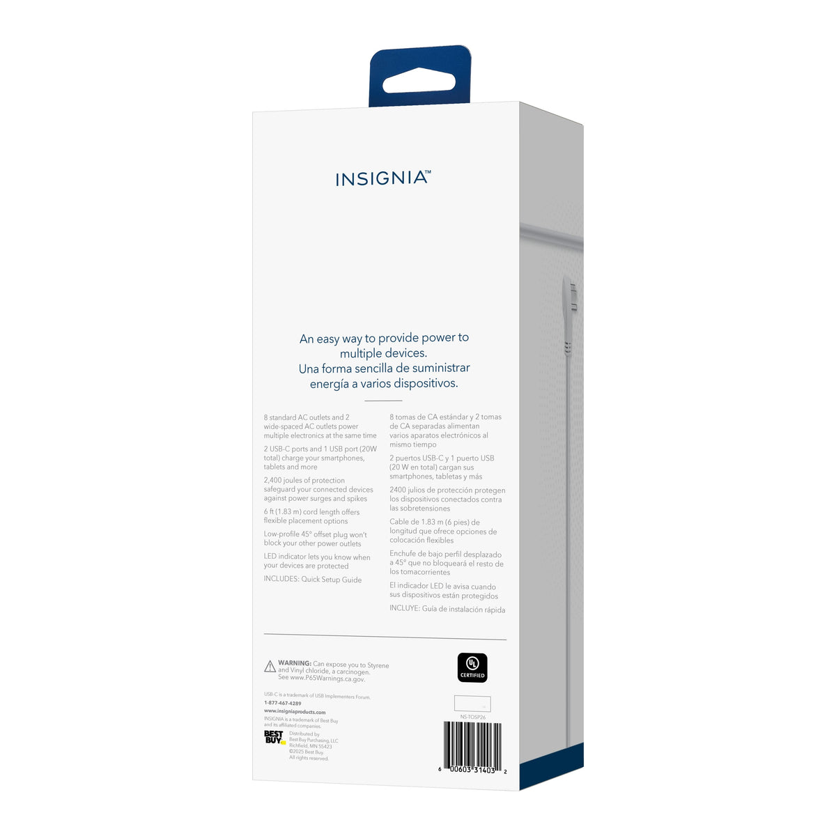 Insignia™ - 10-Outlet / 2-USB-C / 1-USB 2,400 Joules Surge Protector Strip with 6 ft. Power Cord - White