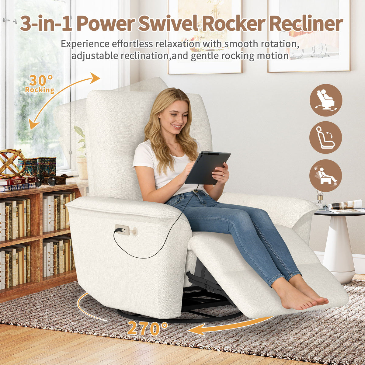 Sillón reclinable giratorio de 270° con soporte para teléfono, sofá deslizante eléctrico con puertos USB para sala de estar o dormitorio - Beige