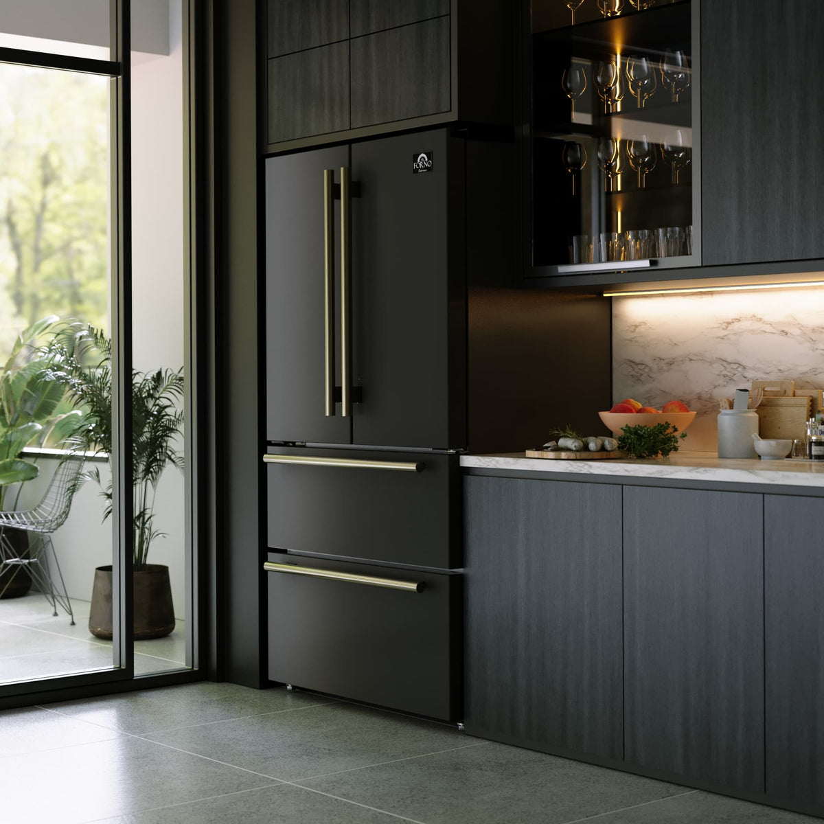 Forno Appliances - 36 in. Wide Moena Espresso 19.2 Cu. Ft. Freestanding Counter-Depth French Door Refrigerator with Automatic Ice Maker - Black