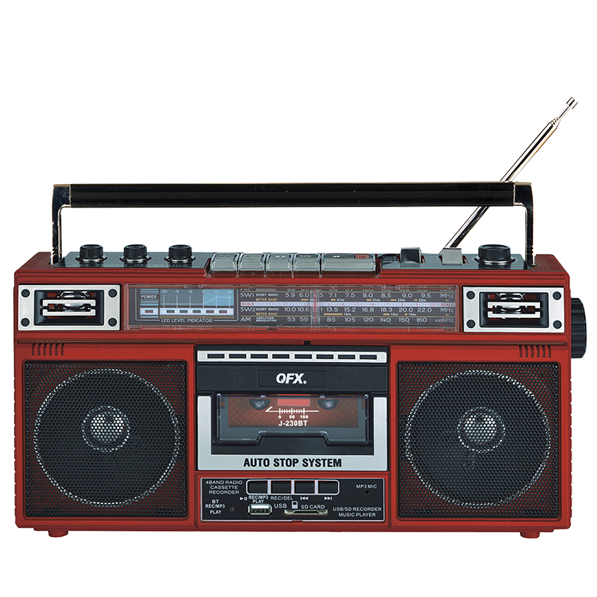 QFX - RECHARGEABLE CASSETTE AM/FM/SW1-2 RADIO BLUETOOTH BOOMBOX WITH USB RECORDING - Red