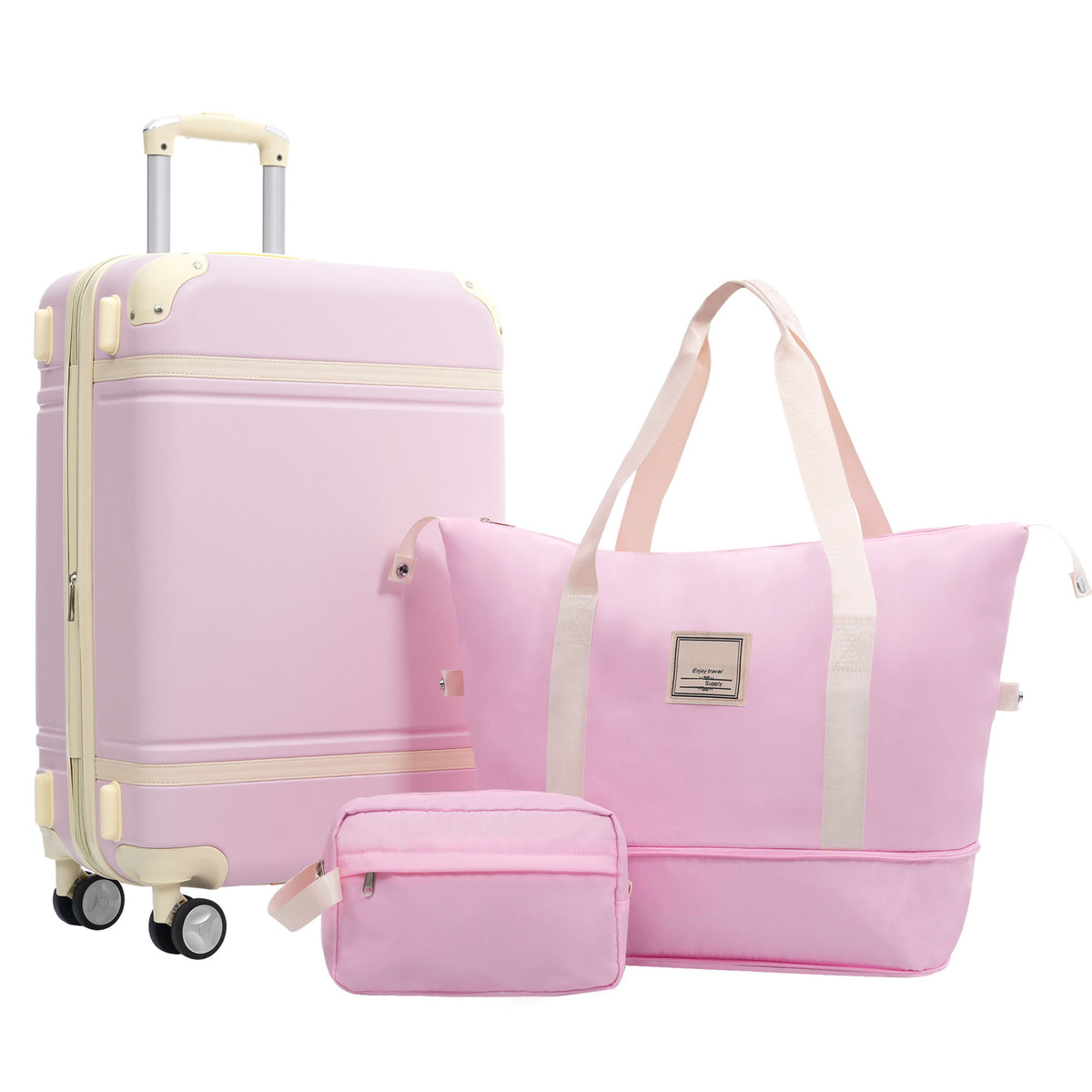 Juego de equipaje rígido con ruedas giratorias dobles, candado TSA, maleta ligera de 24" con bolsas - Rosa claro