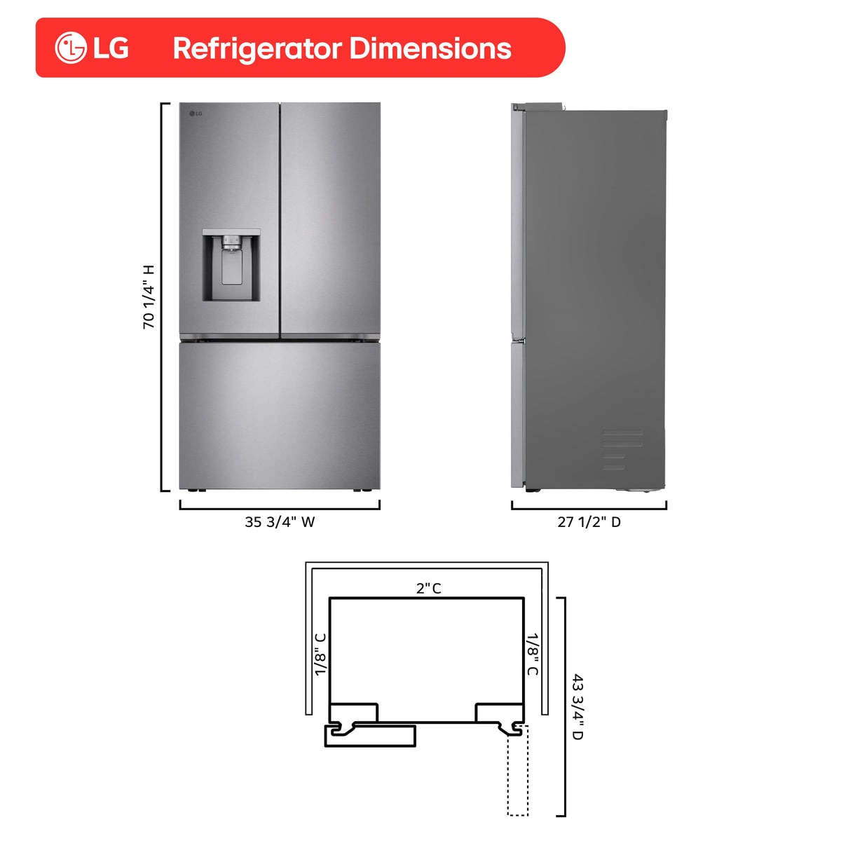LG - 36-in Wide Counter-Depth MAX 23.7 Cu. Ft. 3-Door Smart French Door Refrigerator with Zero Clearance Hinge System - PrintProof Stainless Steel Look