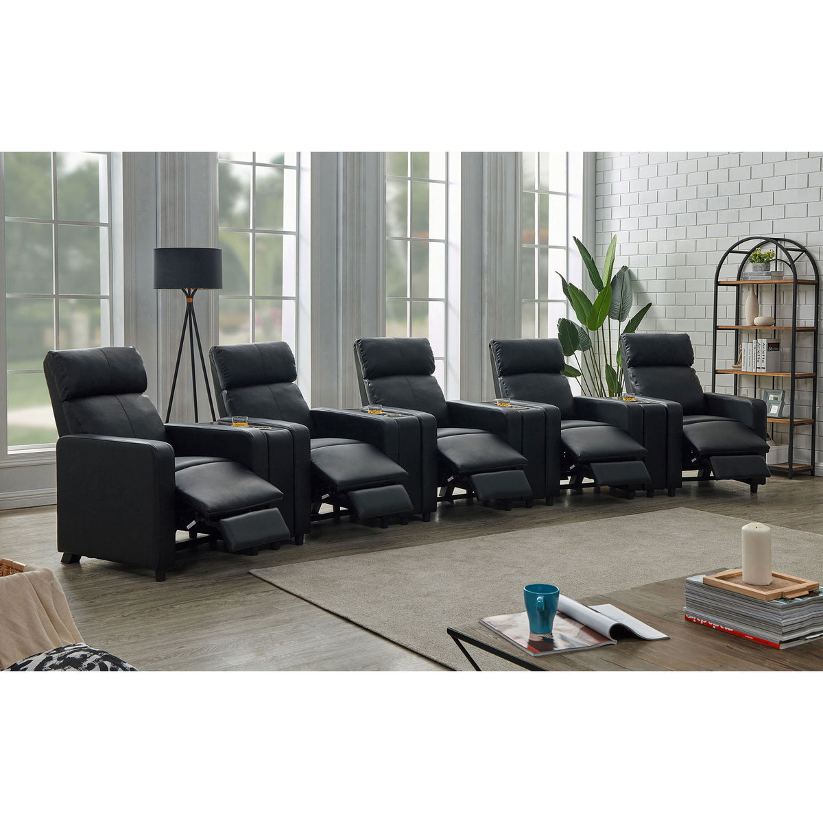Warren - Sala de cine en casa de 5 asientos con 4 consolas cuña, reclinables y consolas de almacenamiento - Negro