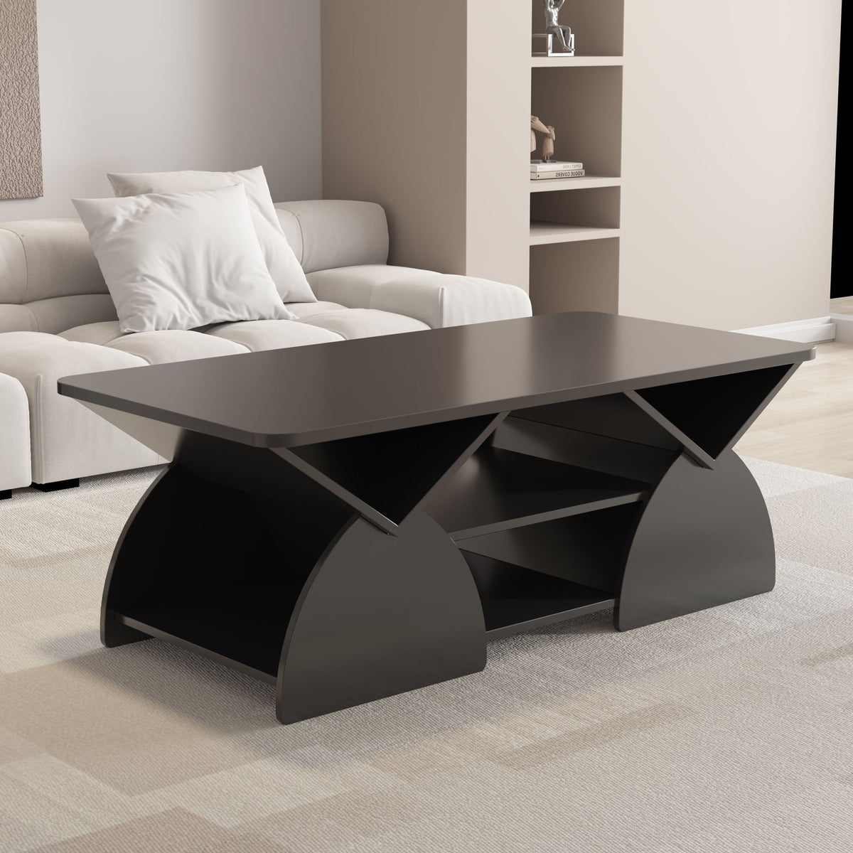 Mesa de centro de diseño geométrico con esquinas redondeadas y estantes abiertos