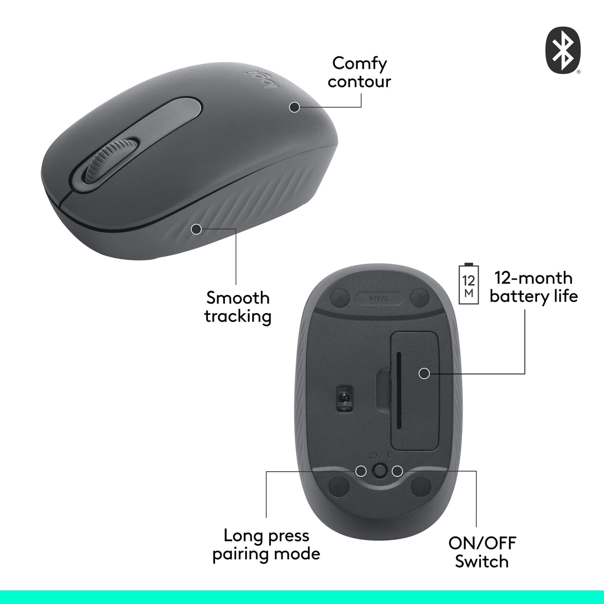 Logitech - M196 Lightweight Bluetooth Wireless Optical Mouse Compact 3-Button Ambidextrous Mouse with Smooth Tracking - Wireless - Graphite