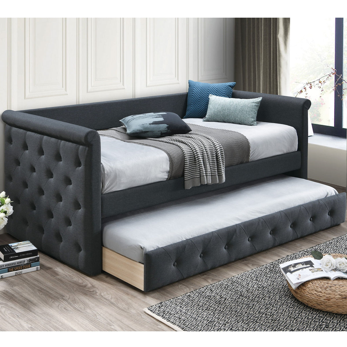 Sofá cama contemporáneo con capitoné de botones y nido de láminas