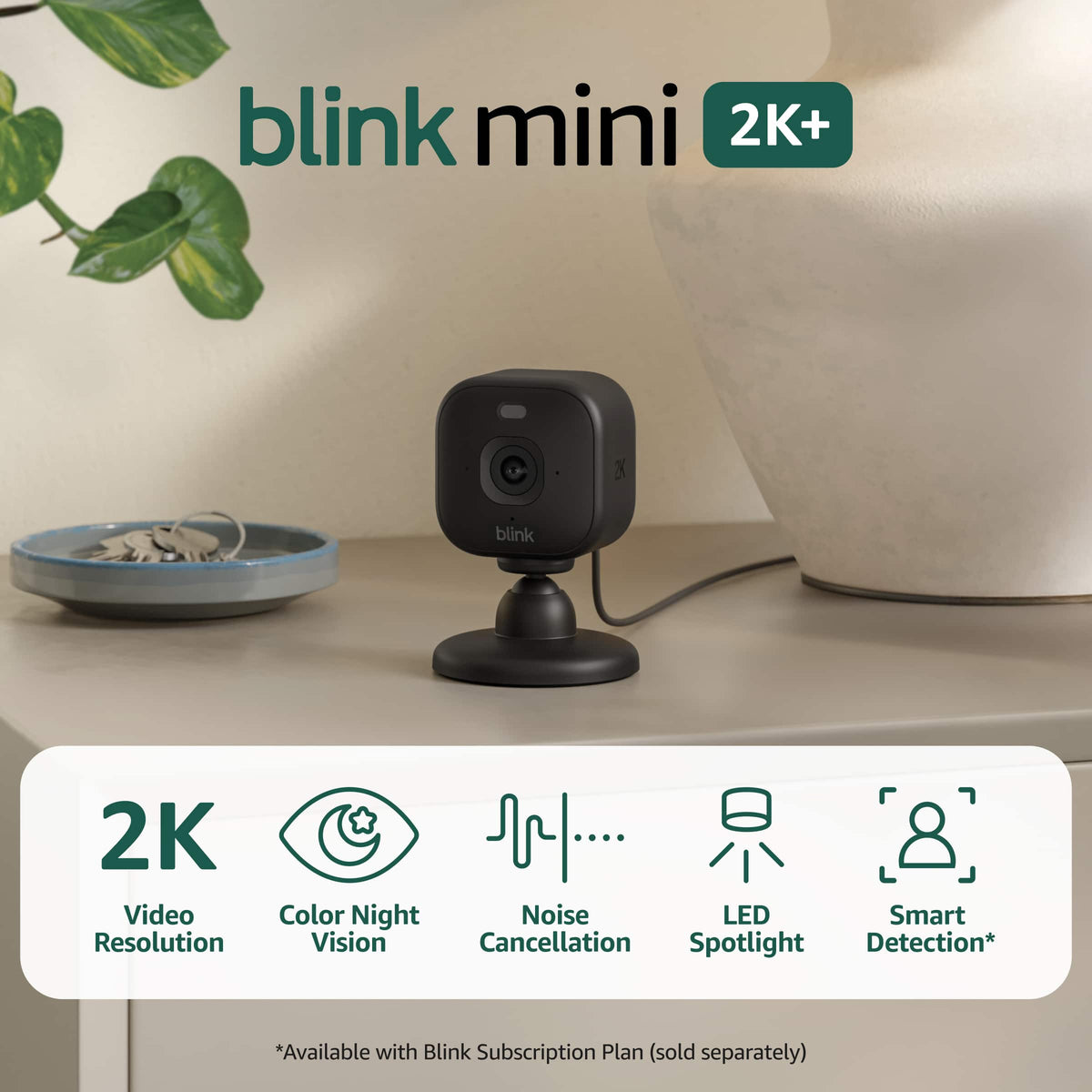 Blink - Mini 2K+ Compact plug-in security camera, 2K video resolution, color night vision, enhanced audio - 2 Cam - Black