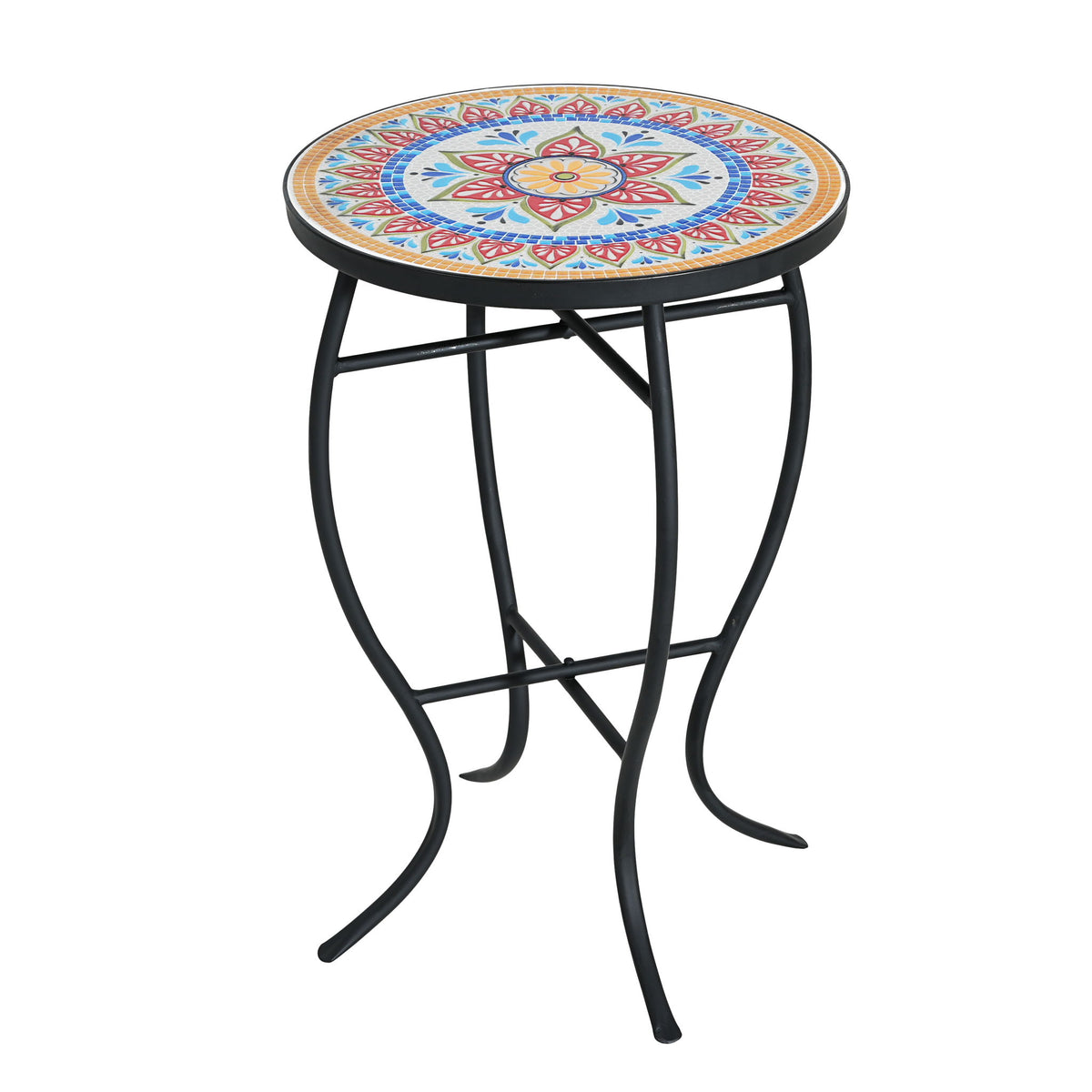 Outdoor Round Side Table With Mosaic Style Top And Curved Iron Legs