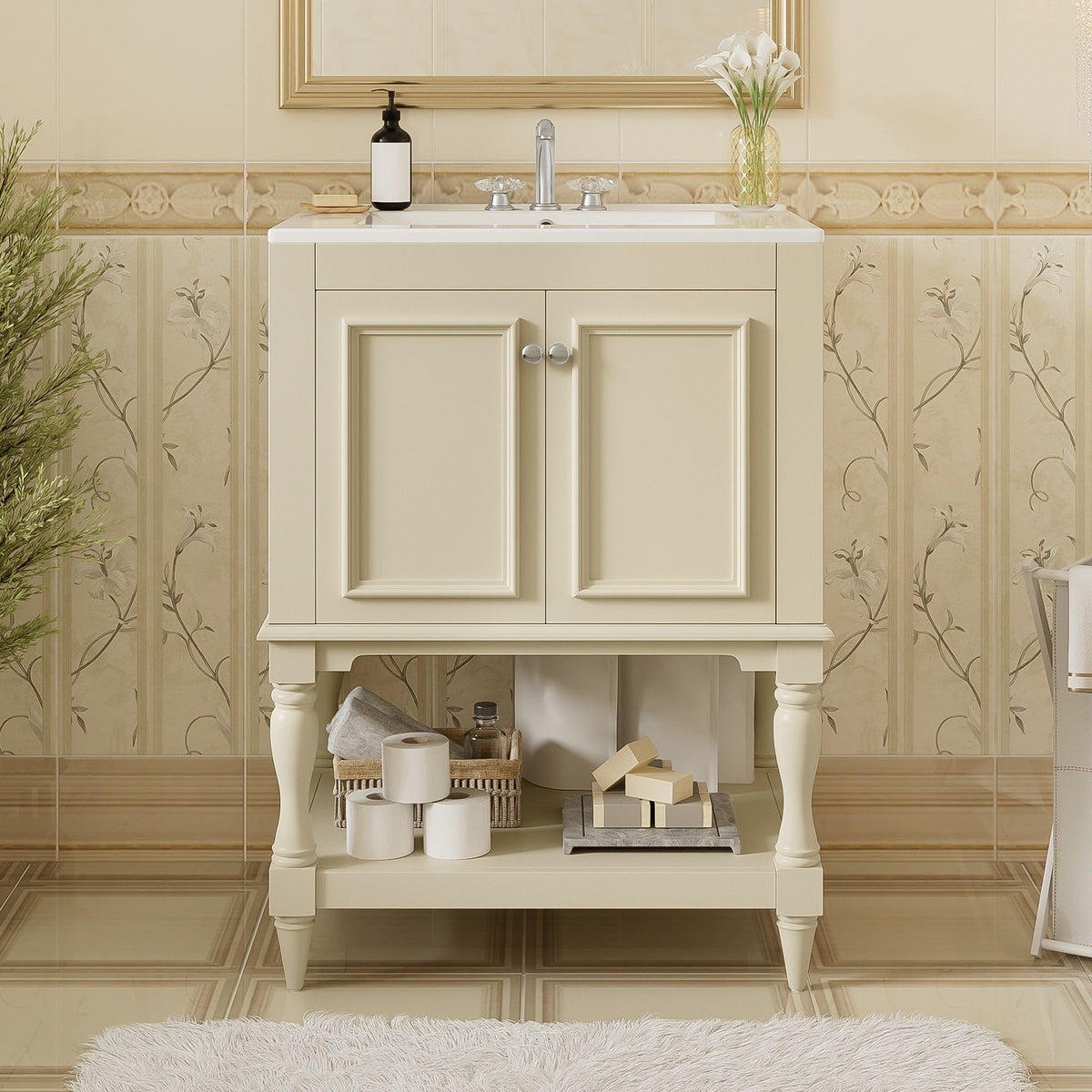 Mueble de baño moderno con lavabo, gabinete rectangular con estante abierto y almacenamiento cerrado