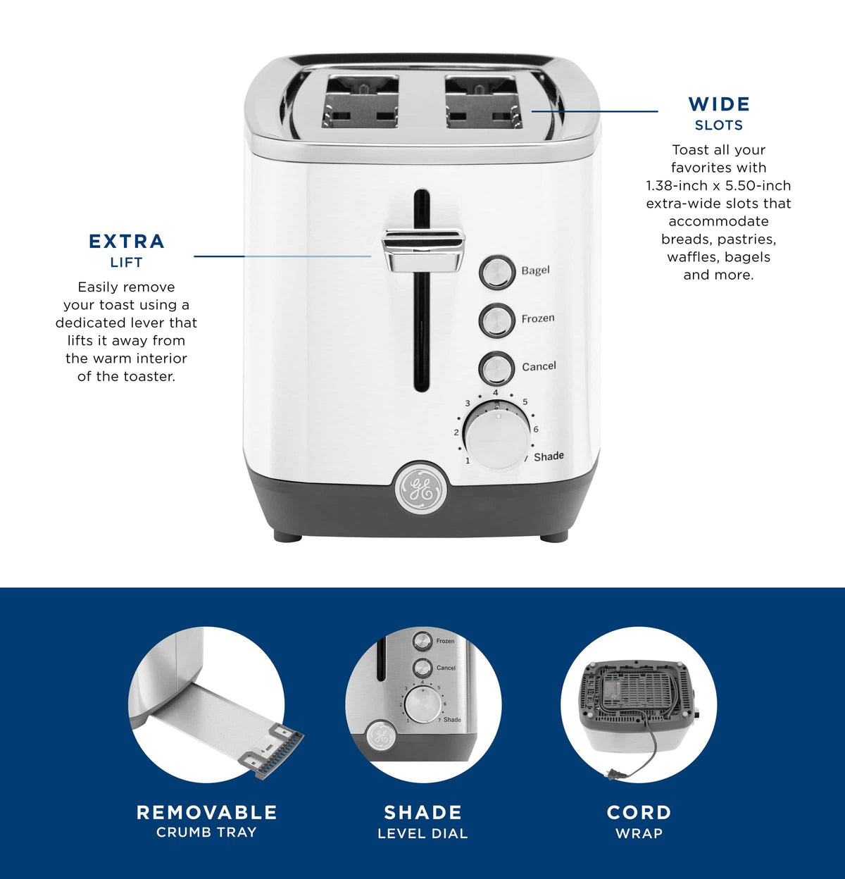 GE - 2-Slice Toaster with 7 Shade Settings and Extra Wide Slots - Snow White