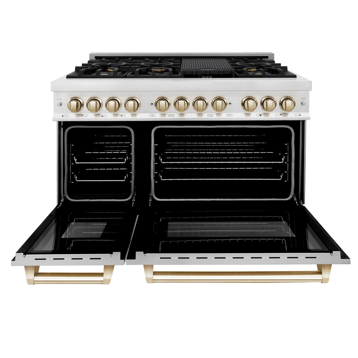 ZLINE - 48 in. Wide 8 Burner 6.0 cu. ft. Autograph Legacy Dual Fuel Freestanding Range in Satin Steel w/ White & Gold Accents - Multicolor
