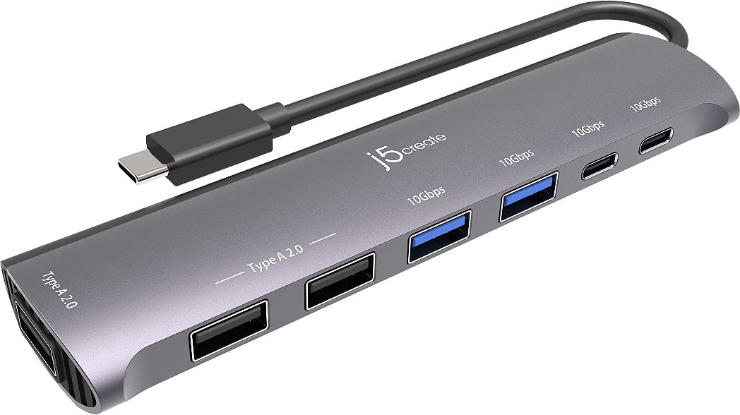 j5create - USB-C 7-Port Hub 5A2C with DC Power Adapter - Space Gray