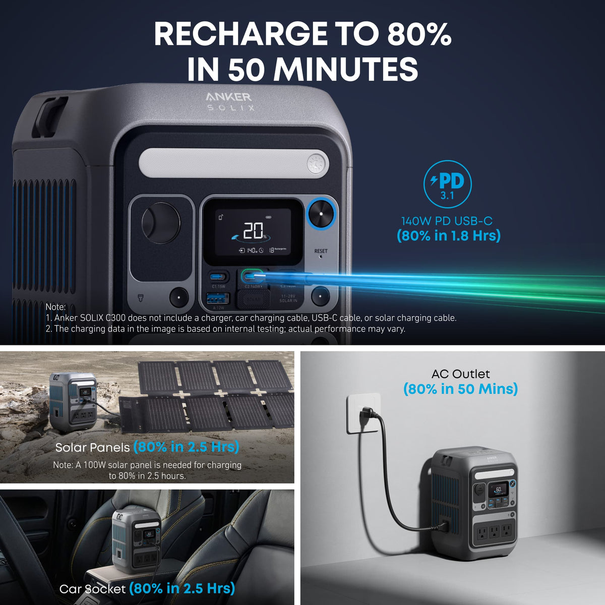 Anker - SOLIX C300 Portable Power Station with 60W Solar Panel,288Wh/300W Battery Solar Generator for Camping&Emergencies (288 Wh Capacity) - Dark Gray