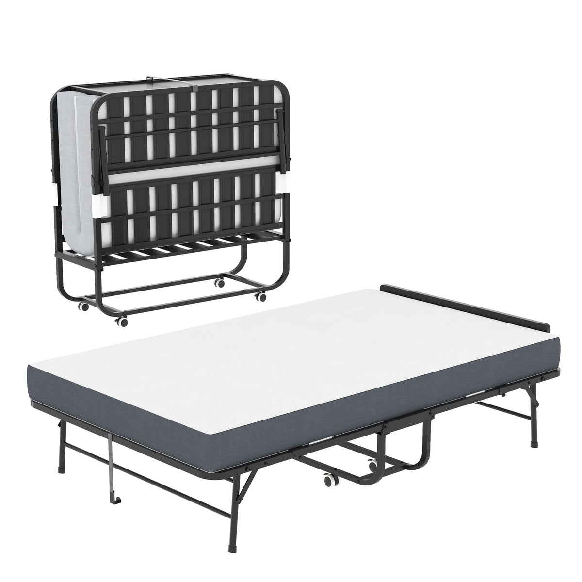 Cama plegable individual extralarga con cabecera ajustable, catre con colchón de espuma viscoelástica - Negro