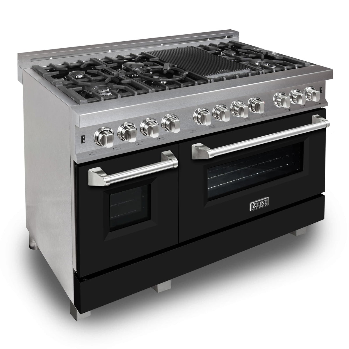 ZLINE - 48 in. Wide 7 Burner Legacy Dual Fuel Range in Satin Stainless Steel w/ Black Matte Doors (RAS-BLM-48) - Stainless Steel/Black Matte Door