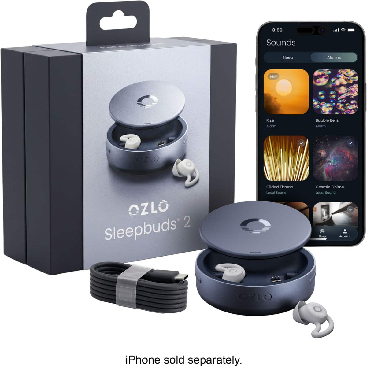 Ozlo - Sleepbuds 2 – Noise-Masking Sleep Earbuds, Side Sleeper Comfort, Snore Blocking, 14-Hr Battery - White - Blue