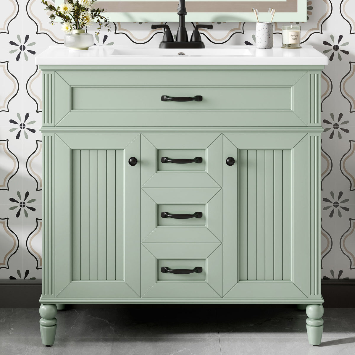 Mueble de baño con lavabo, cajón superior abatible, puertas de cierre suave, 2 cajones de almacenamiento