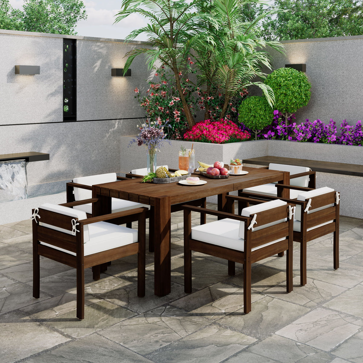 Juego de comedor rústico para patio para 6 personas con cojines extraíbles