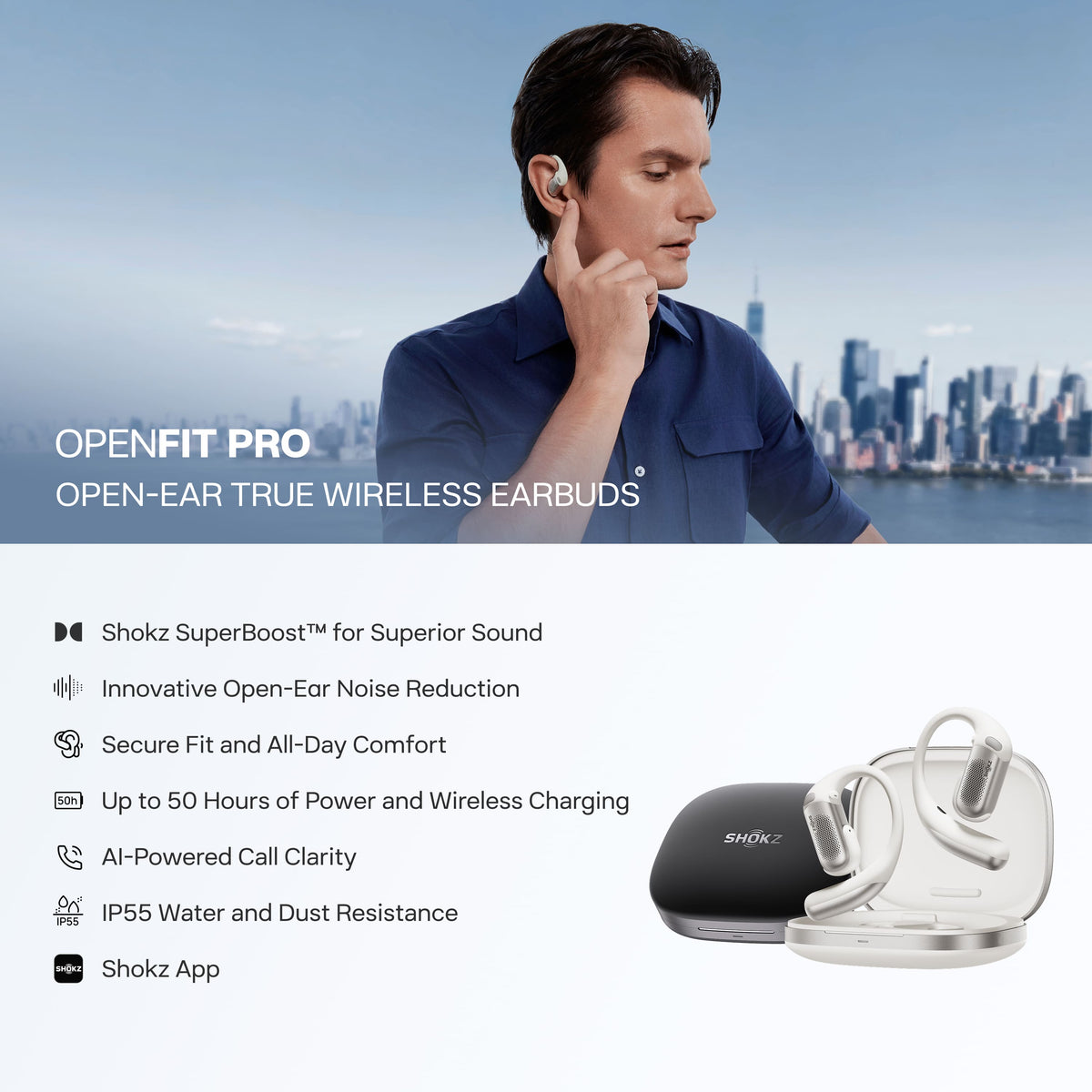 Shokz - OpenFit Pro Open-Ear True Wireless Bluetooth Active Noise Reduction Earbuds - White