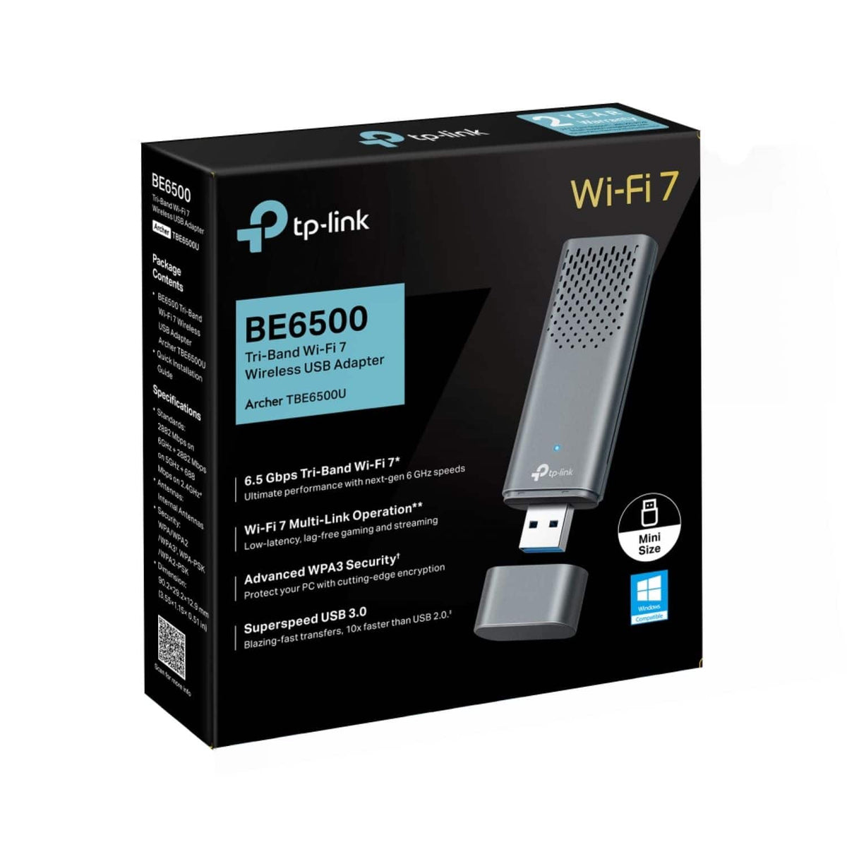 TP-Link - Archer TBE6500U Tri-Band BE6500 6.5 Gbps Wi-Fi 7 Wireless Ultra-Fast USB 3.0 Adapter with Advanced WPA3 Security - Gray