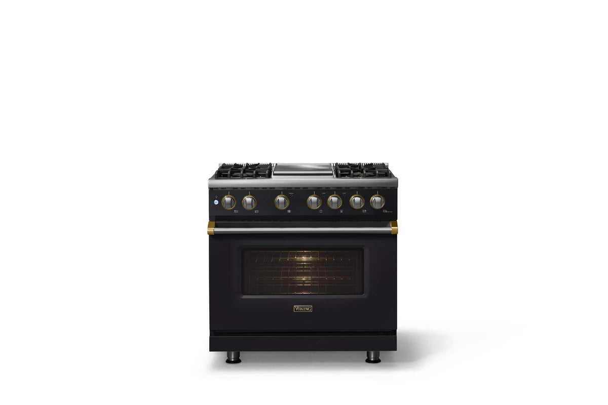 Viking - 36"W. Pro5S 5.6 Cu. Ft. Freestanding Self-Clean Sealed 4B LP DF Convection Range/Grdl-Slate Blue/Brushed Brass - Onyx