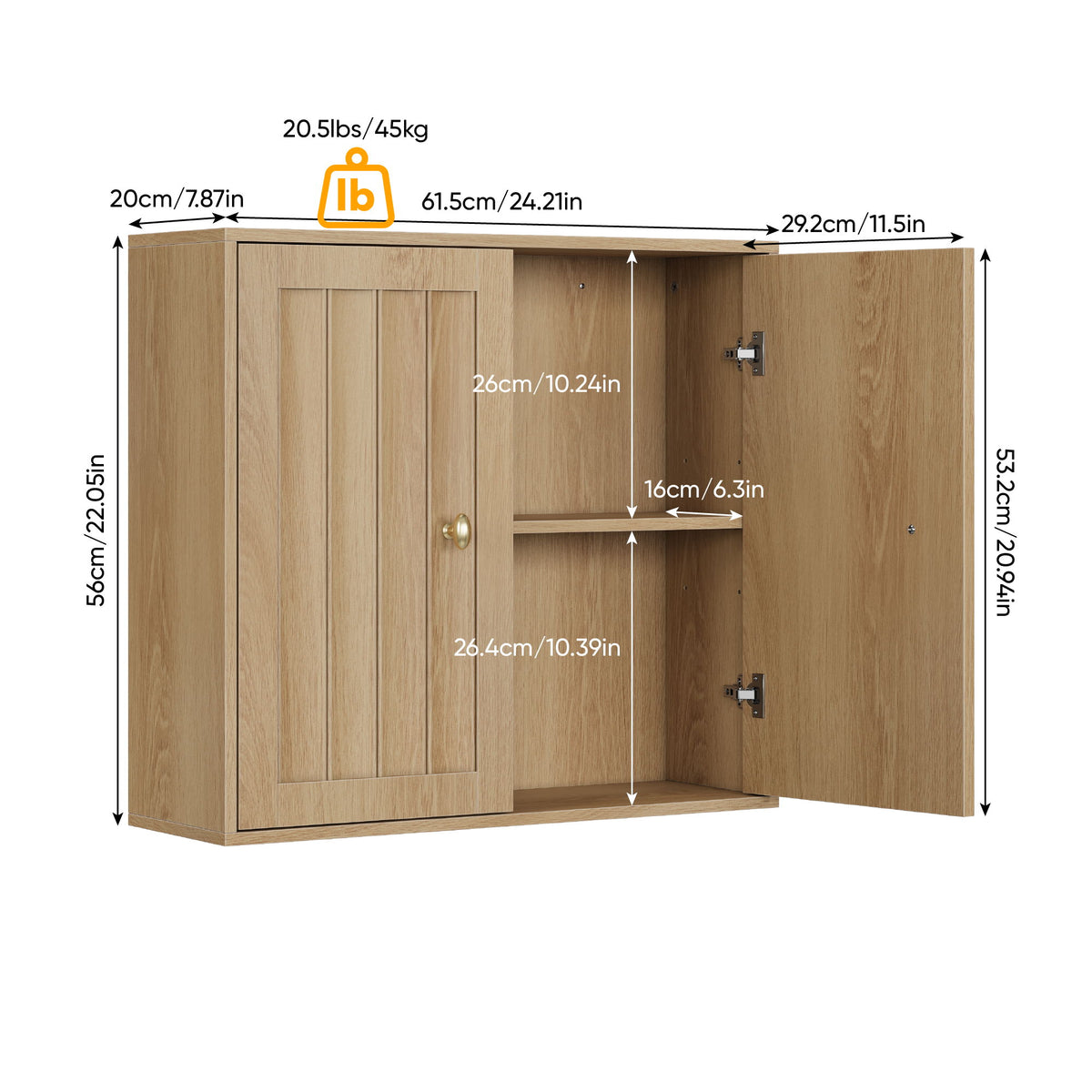 Armario de baño de pared con puertas dobles y diseño de ranura vertical para baños - Roble
