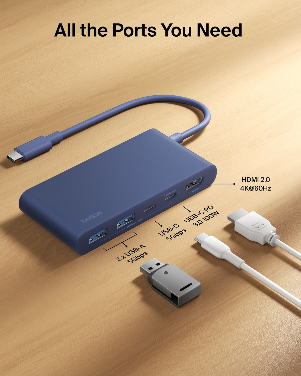 Belkin - 5-Port Hub w/ 4K HDMI Display with 60Hz, 100W PD, Data Transfer 5Gbps, USB-C Multiport Adapter for MacBook NEO - Indigo