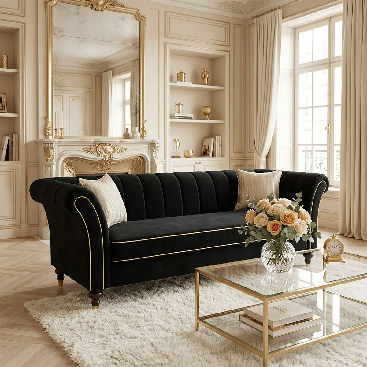 3 Seater Sofa With Rolled Arms, Vertical Channel Tufted Backrest