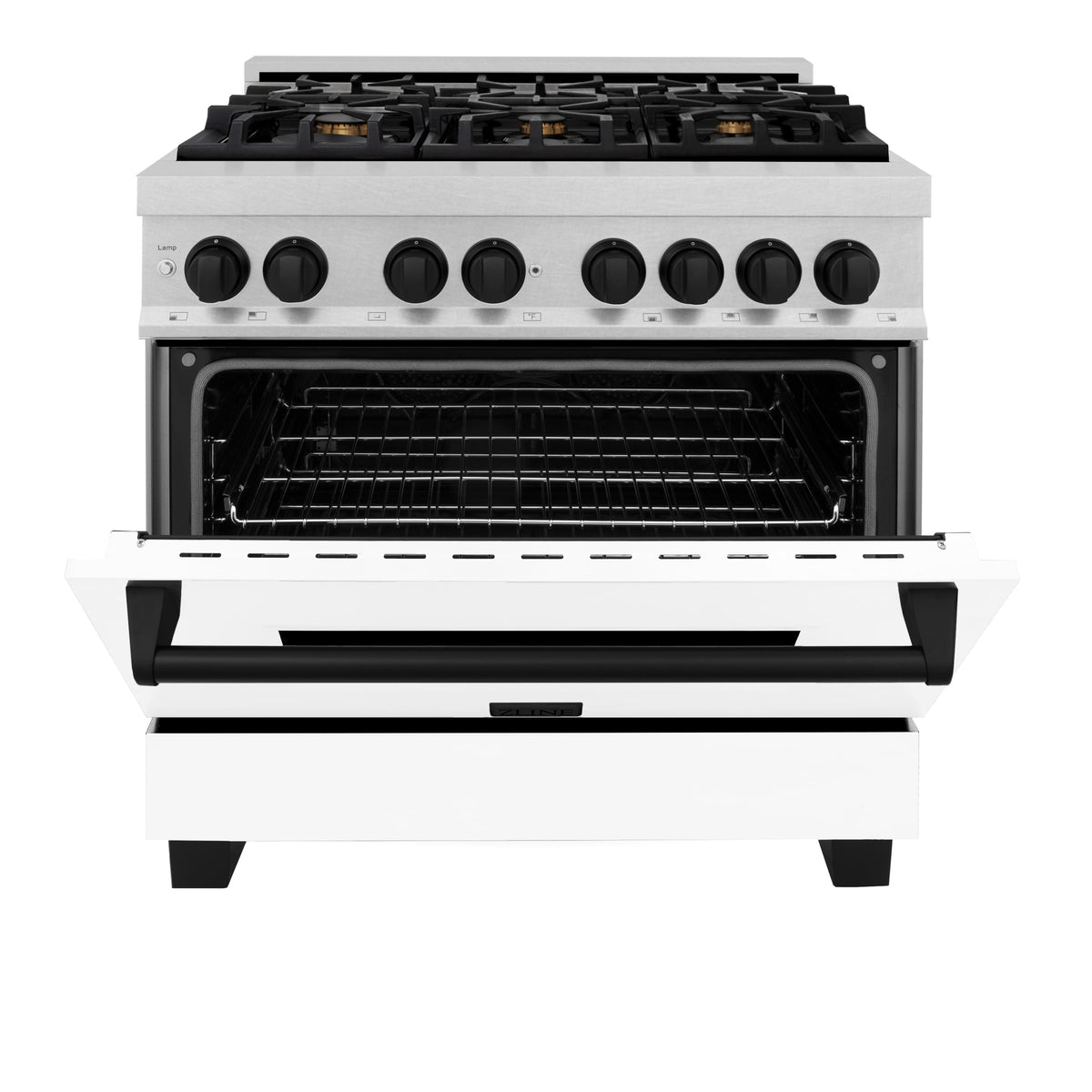ZLINE - 36 in. Wide 6 Burner Autograph Legacy Dual Fuel Range in Satin Steel w/ White & Black Accents (RASZ-WM-36-MB) - Stainless Steel