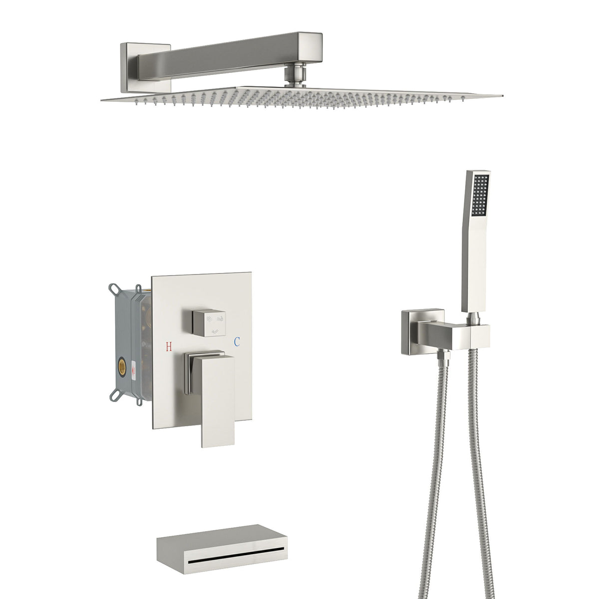 Square Shower System With Waterfall Tub Spout And Rough In Valve, Wall Mounted