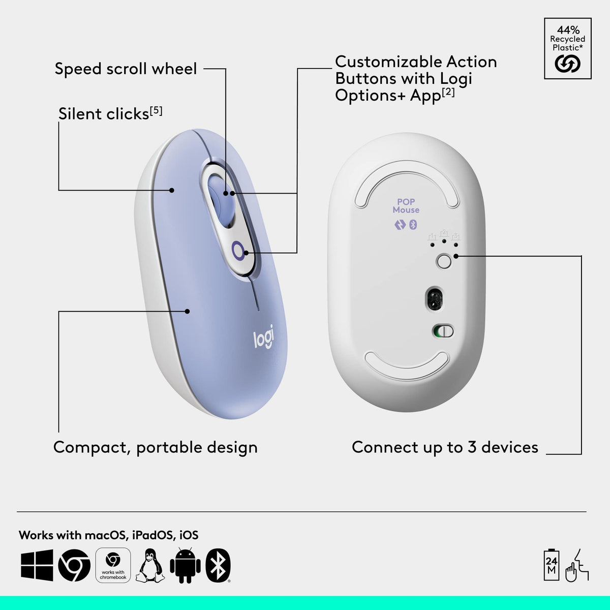 Logitech - POP ICON COMBO Compact TKL Wireless Bluetooth Keyboard and Mouse Bundle with Programmable Quiet Keys and Buttons - Lilac & Off-White