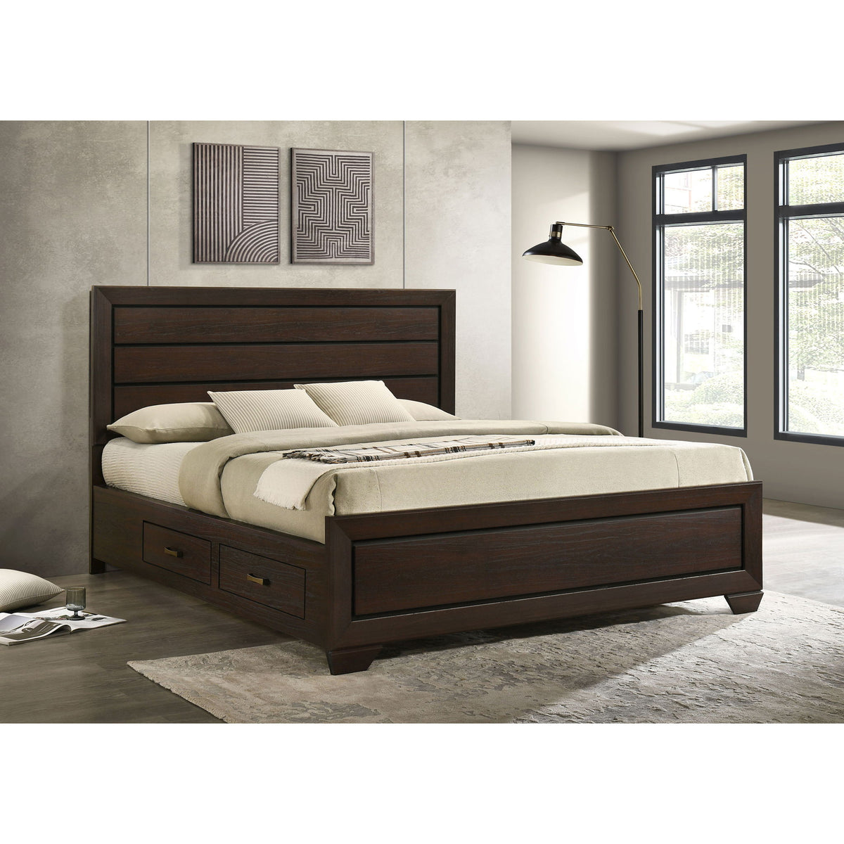 Cama Kauffman de Almacenamiento Queen con Paneles y Cajones Laterales - Marrón Oscuro