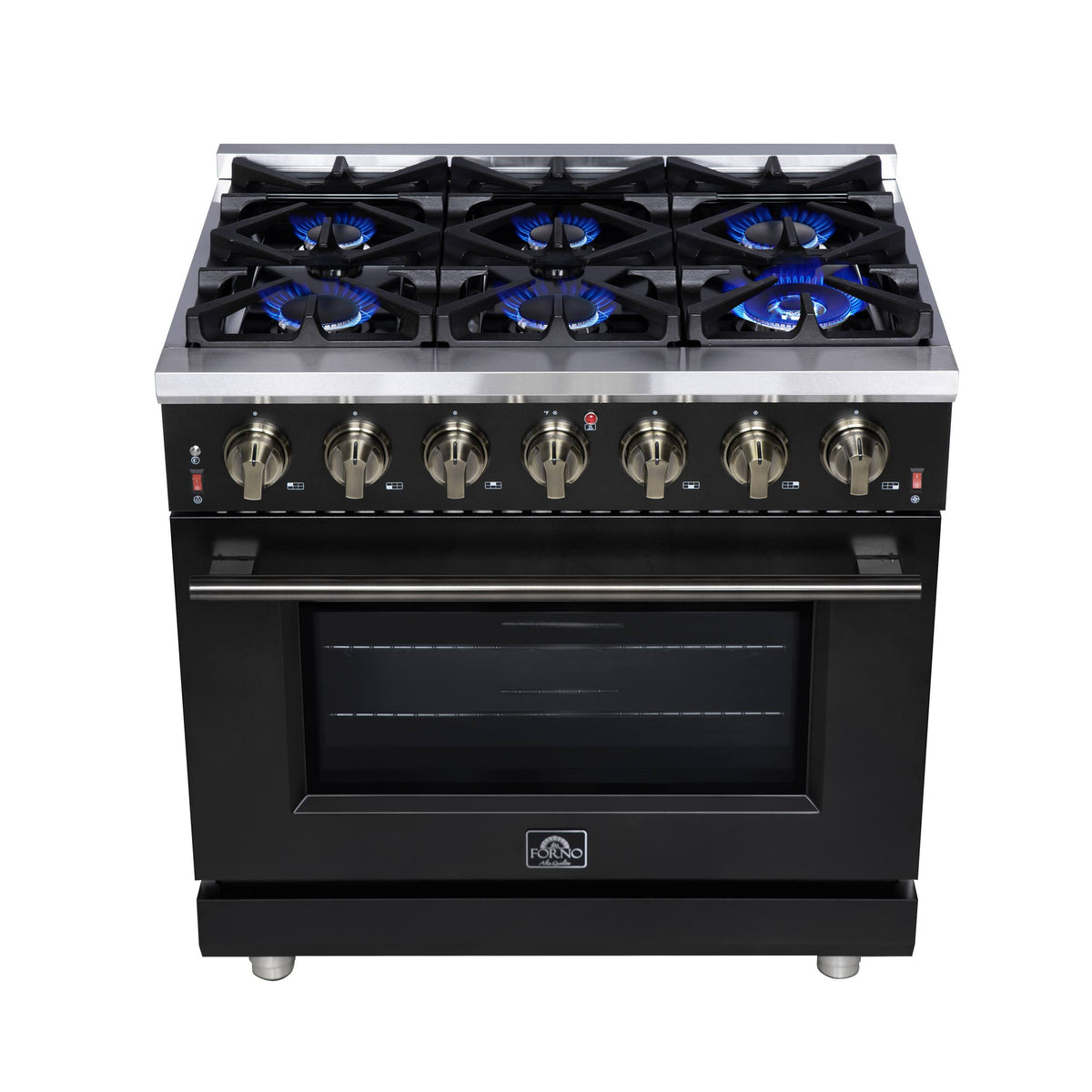 Forno Appliances - 36 in. Wide 6 Burner Massimo 5.36 Cu. Ft. Freestanding Gas Convection Range with Air Fryer Kit, Wok Support & Griddle - Black