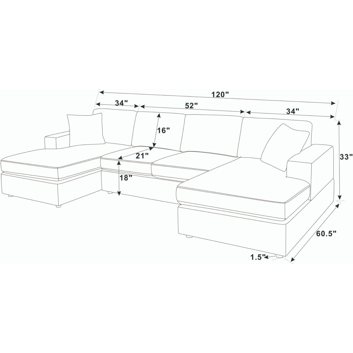 3 Piece Double Chaise Sectional Sofa