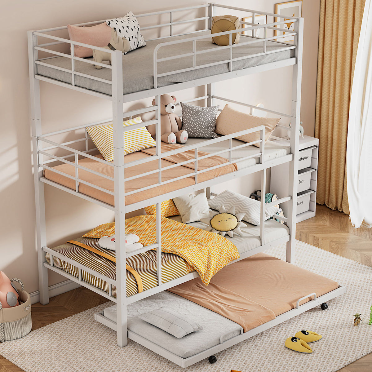 Triple Bunk Bed With Trundle, Heavy Duty Steel Construction