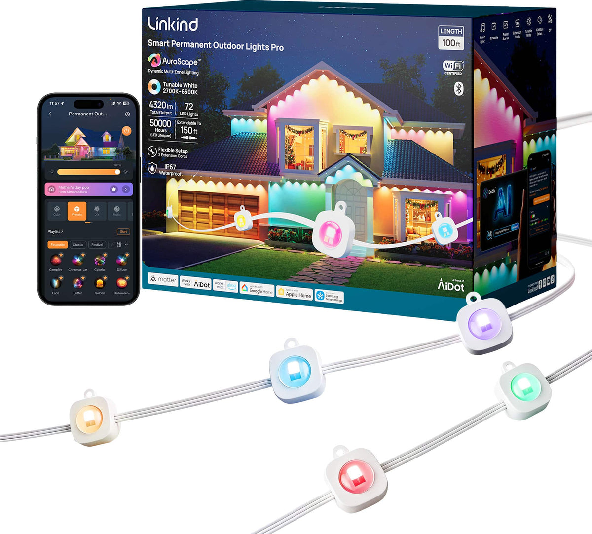 Linkind - 100ft Smart Permanent Outdoor Lights Pro with 72 LED Lights, RGBTW, Music Mode, Matter, IP67, Halloween & Christmas - White