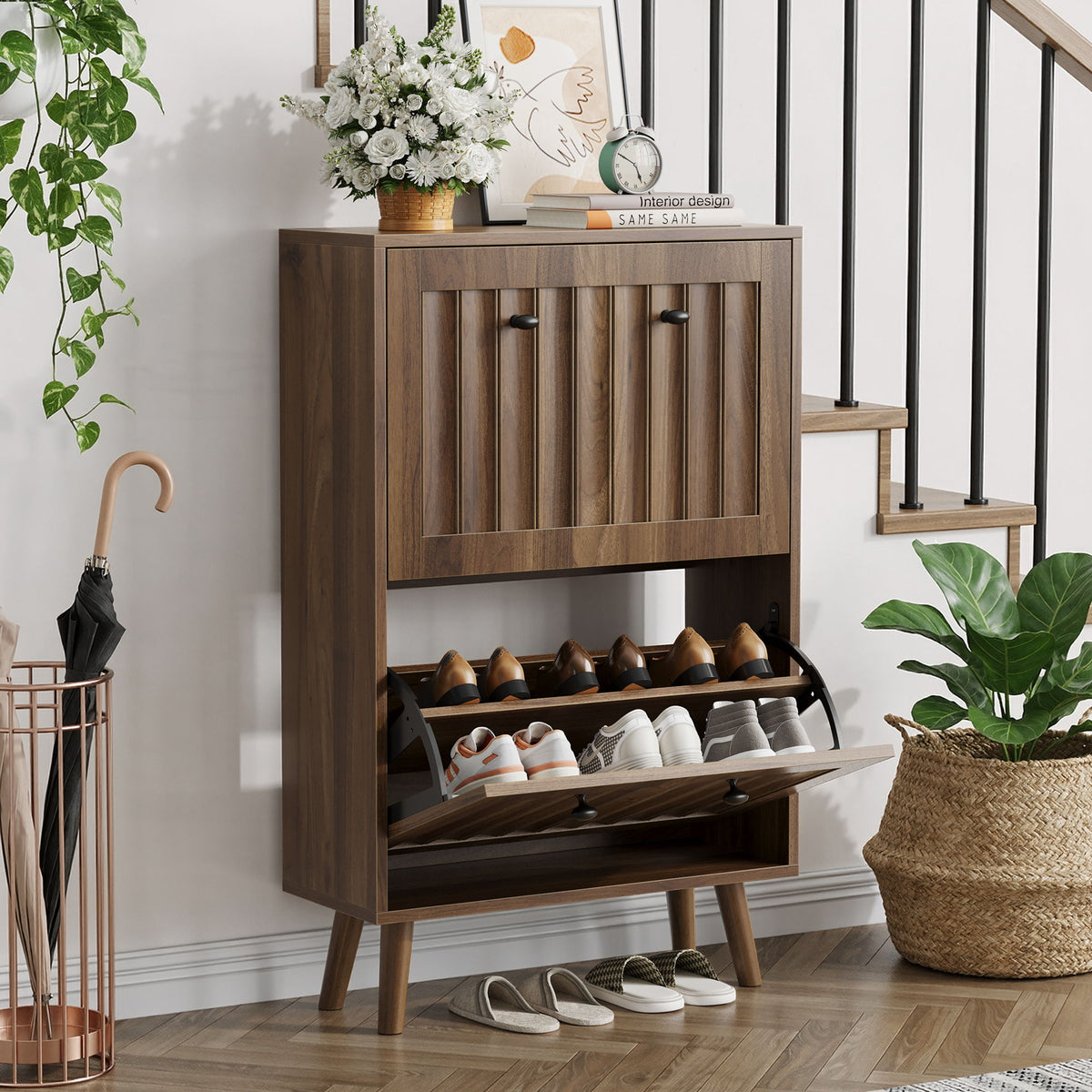 Shoe Cabinet, Upright Storage Unit - Walnut