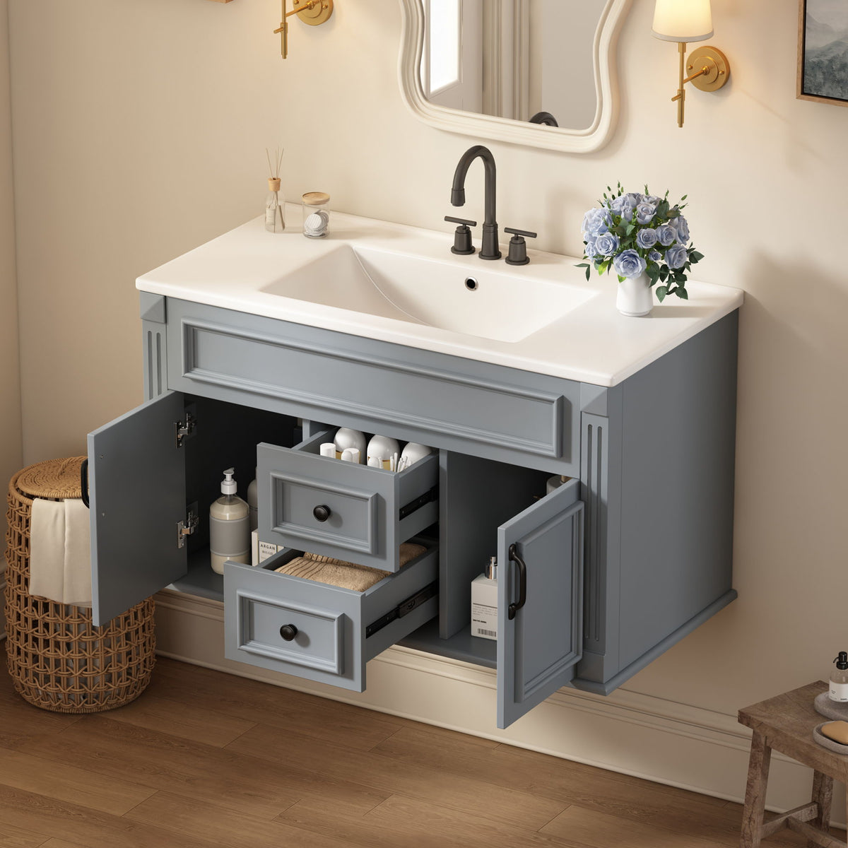 Gabinete de baño de estilo francés sencillo montado en la pared con lavabo