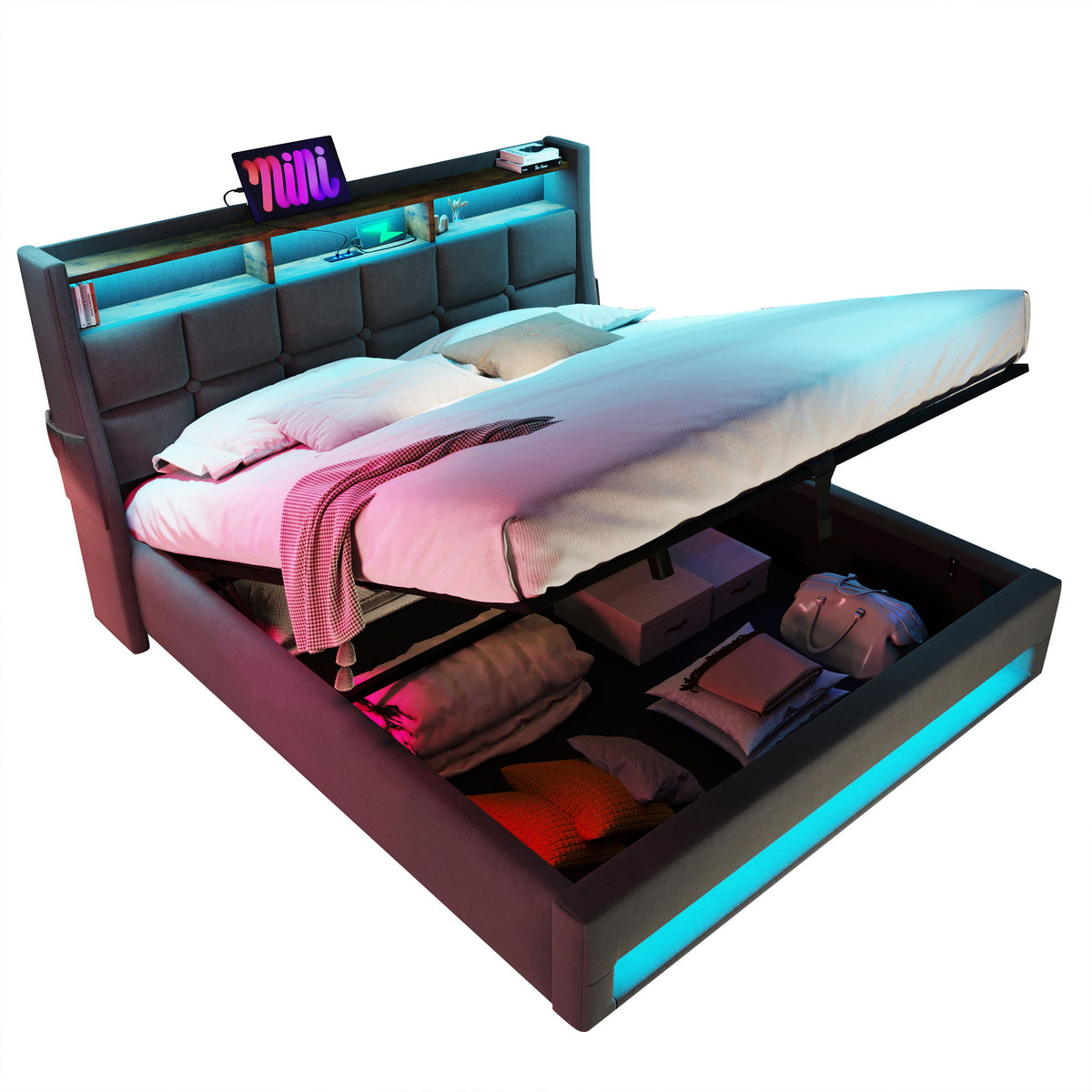 Cama con plataforma con almacenamiento hidráulico, iluminación LED y estación de carga
