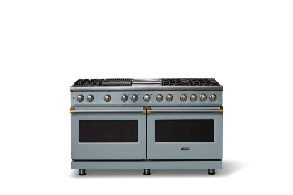 Viking - 60"W. 8 Burner Pro 5 Series 9.4 Cu. Ft. Freestanding Sealed LP Dual Fuel ConvectionRange with Brushed Brass Trim - November Sky
