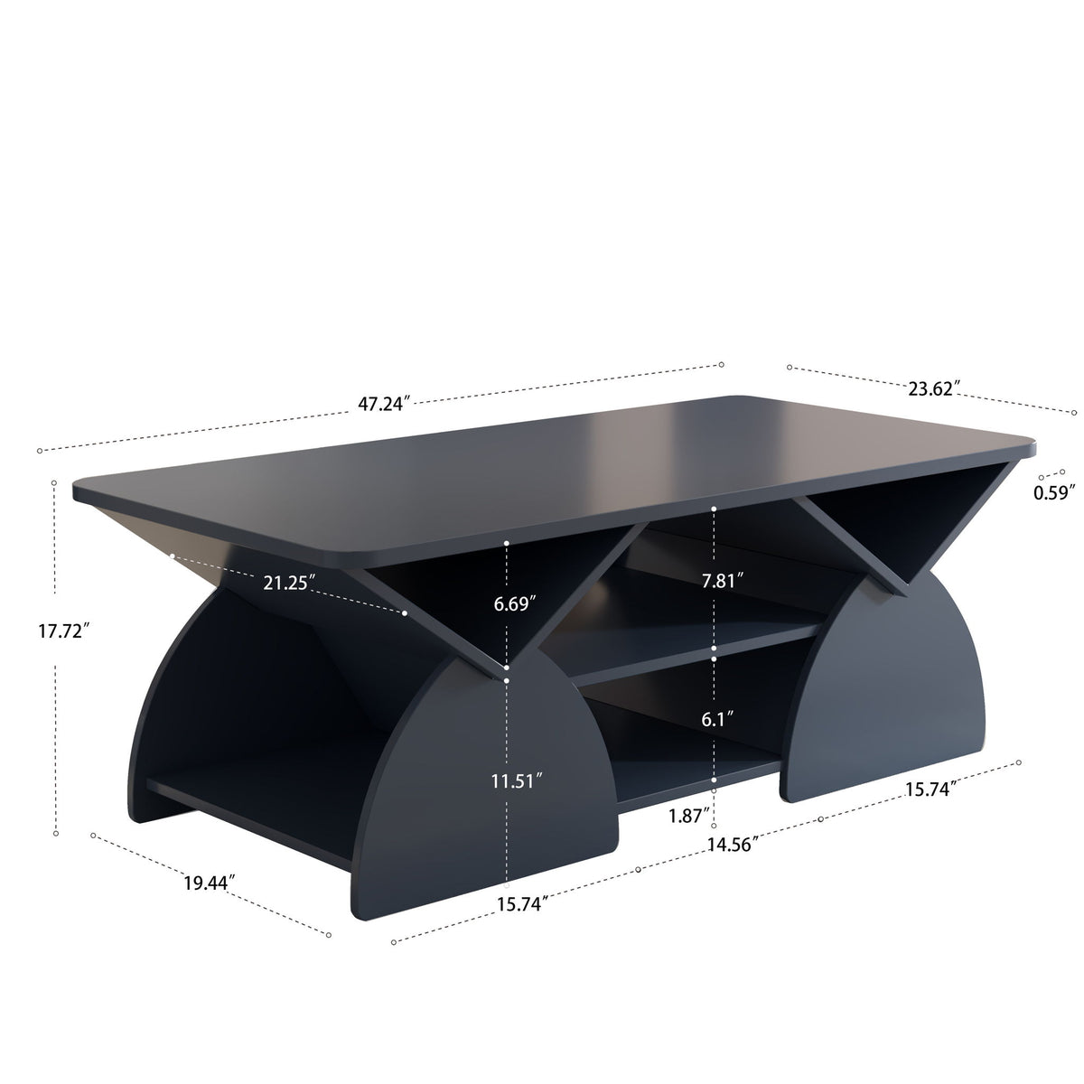 Mesa de centro de diseño geométrico con esquinas redondeadas y estantes abiertos