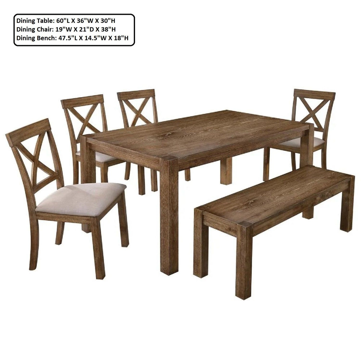 Juego de comedor con mesa, banco y 4 sillas - Roble