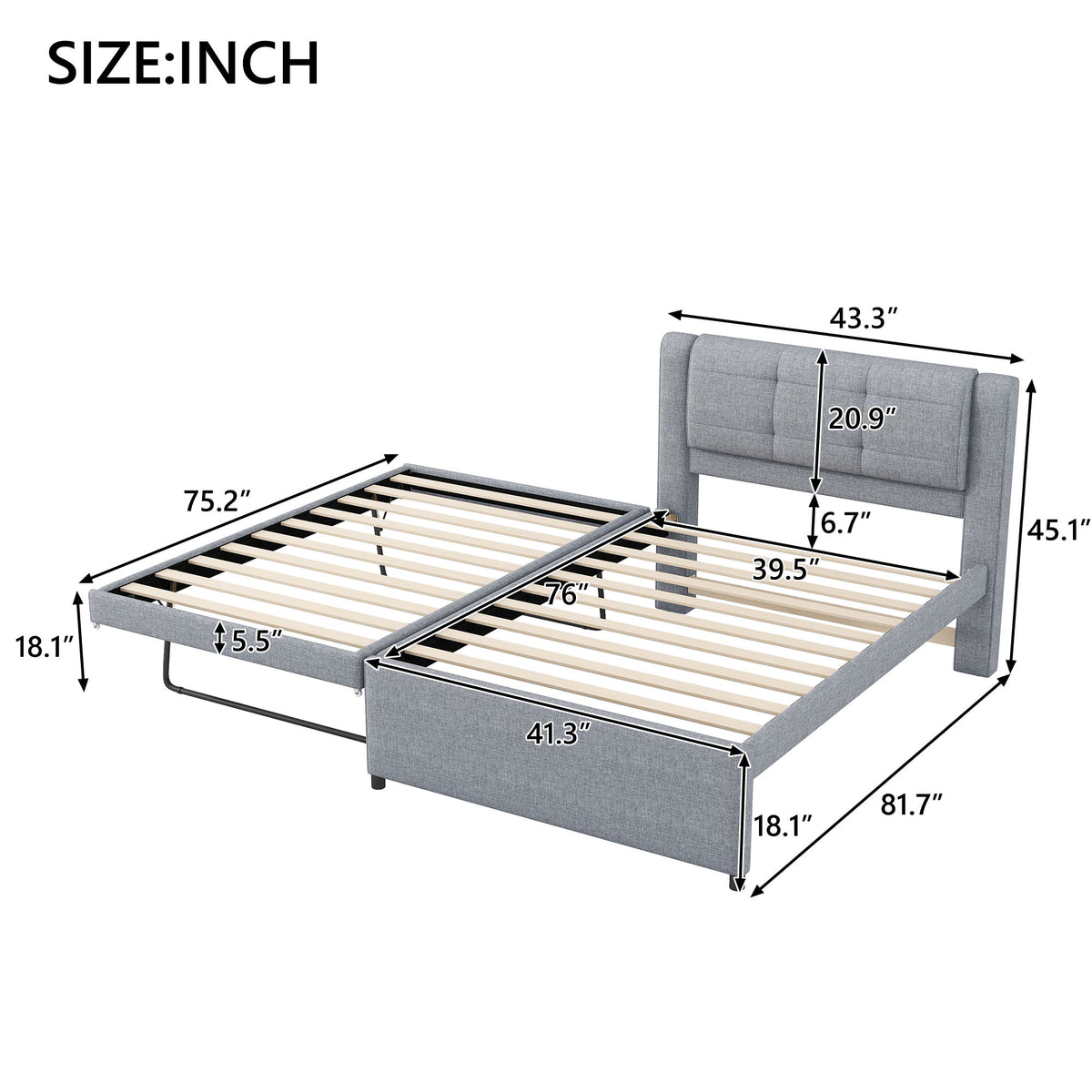 Cama tapizada tipo plataforma con cama nido multifuncional