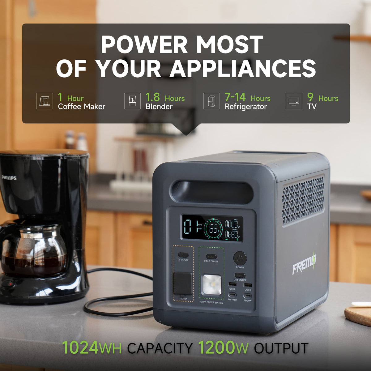 Fremo - X1200 Portable Power Station (1024 Wh Capacity) - Gray